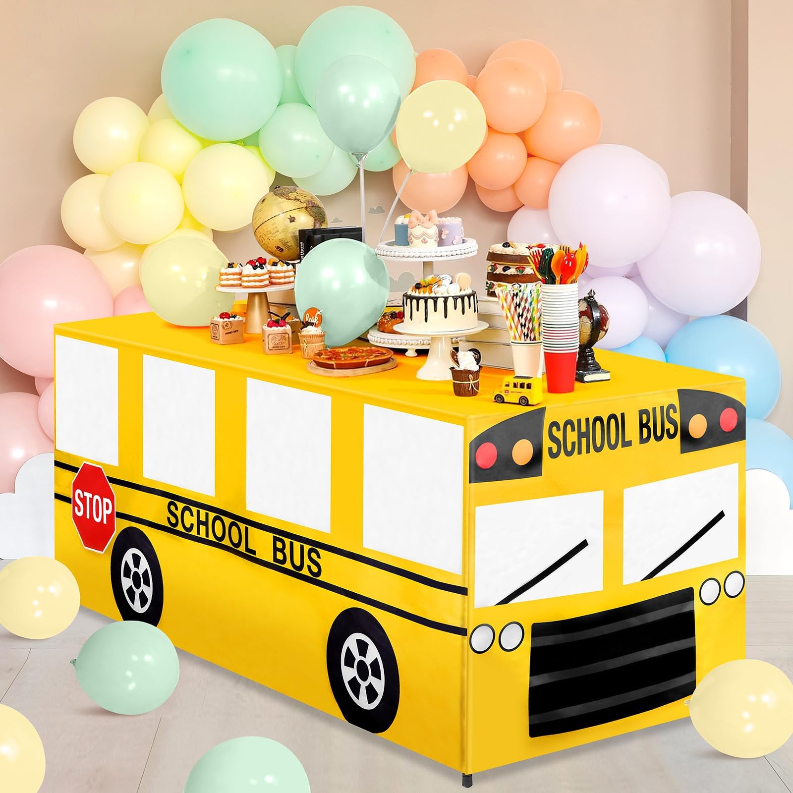 4 Ft School Bus Tablecloths Birthday Party Decorations School Bus Theme Table Cover Washable Fabric Polyester Rectangle Table Covers Protector for