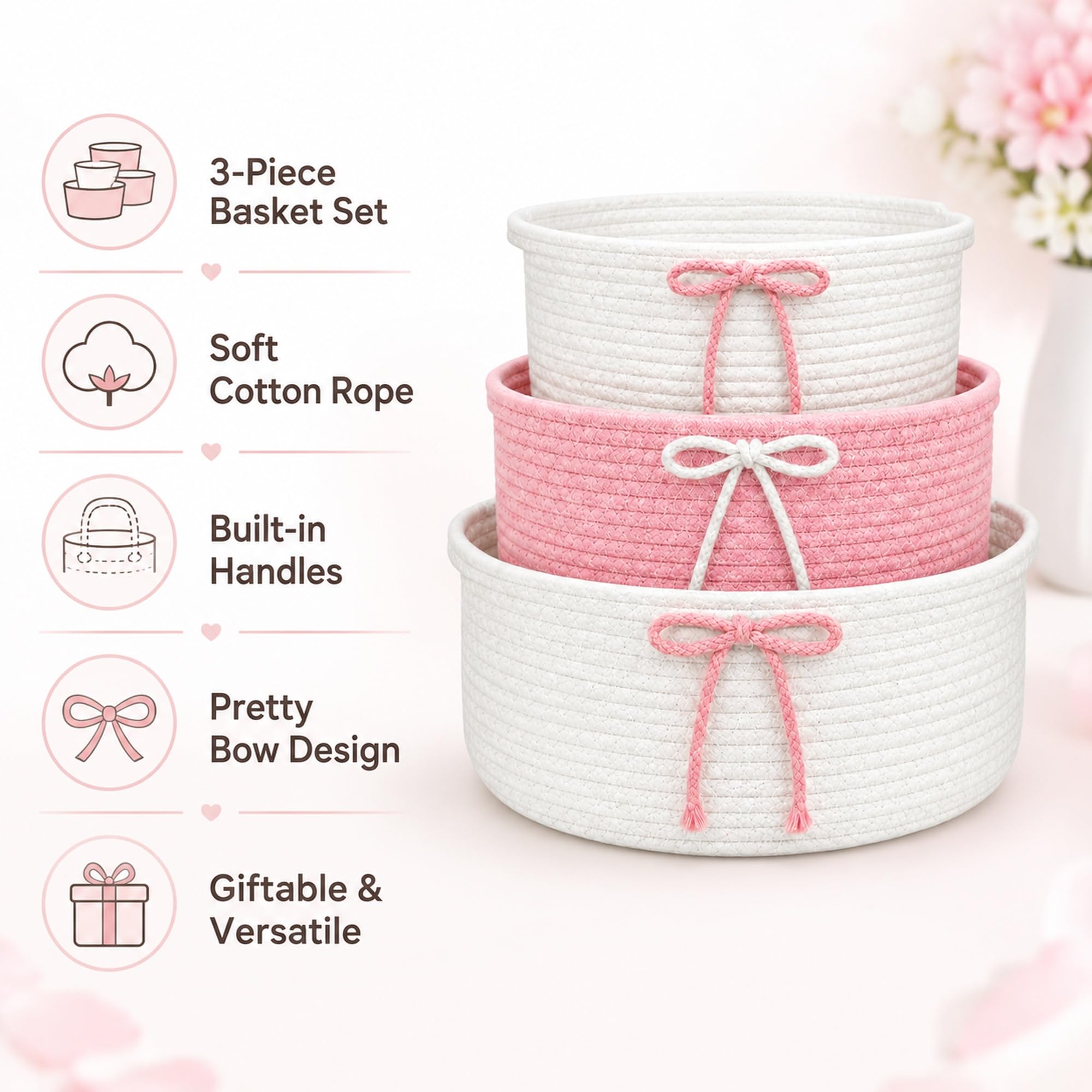 Set di 3 cestini intrecciati con manico, rosa, 3 misure, per decorazioni, organizzazione, bagno, camera dei bambini, soggiorno