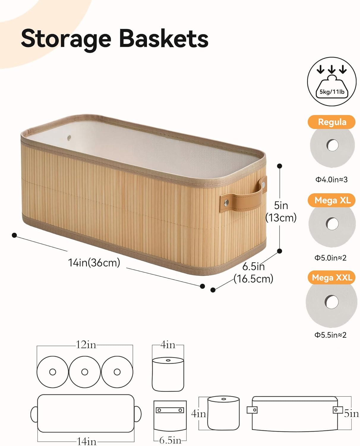Narrow Storage Bins, Small Basket for Closet and Shelves, Bamboo Toilet Paper Storage Organizer with Handles for Countertop-Bathroom-Home Decor, 4-Pack