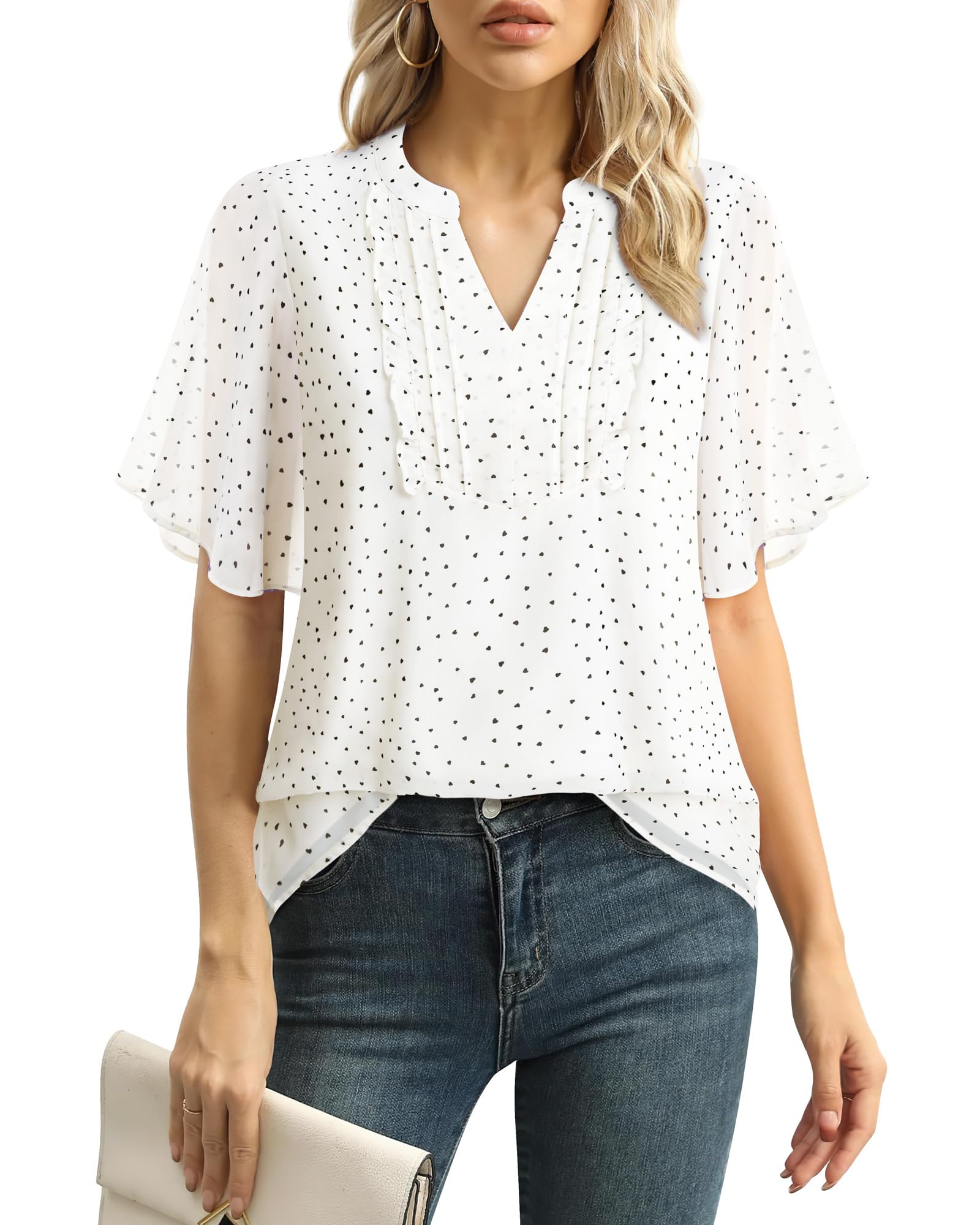 Furnex Womens Blouses Chiffon Ruffle Short Sleeve Tops Summer Pleated V Neck Casual Work Tops