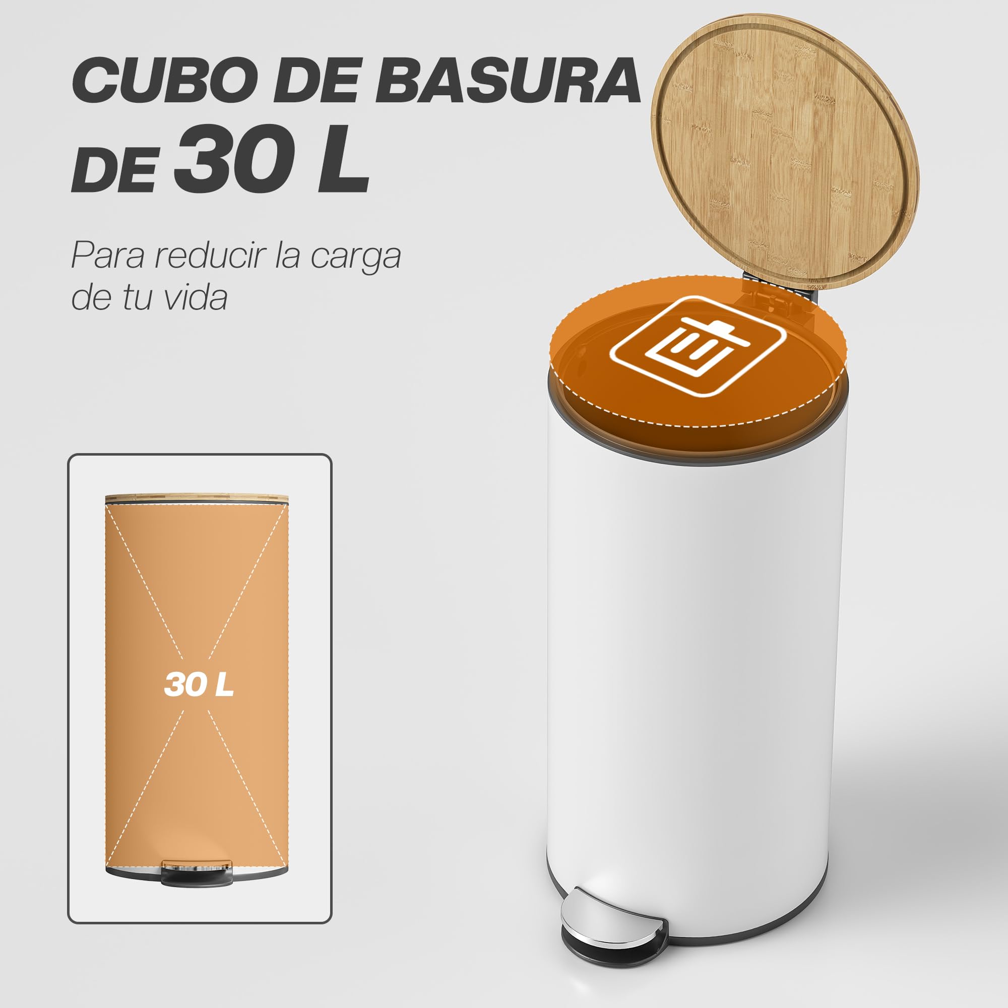 HOMCOM Cubo de Basura Cocina con Pedal, 30L, Papelera de Cocina Metálico con Tapa de Cierre Suave y Cubo Extraíble, para Dormitorio, Oficina, Estudio y Salón, 36x30x60,5 cm, Blanco y Madera Natural