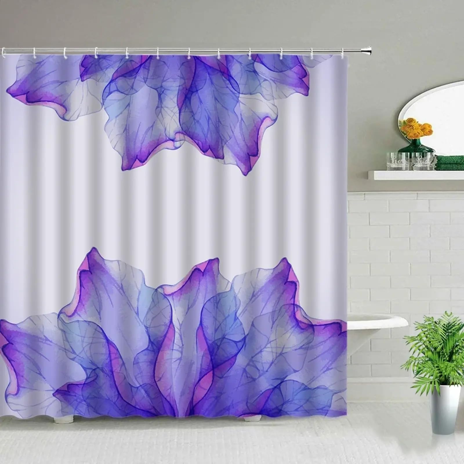 Cortina de Ducha con diseño de Flores moradas y Ganchos, Impermeable, para baño, 300 x 200 cm (118 x 79 Pulgadas)