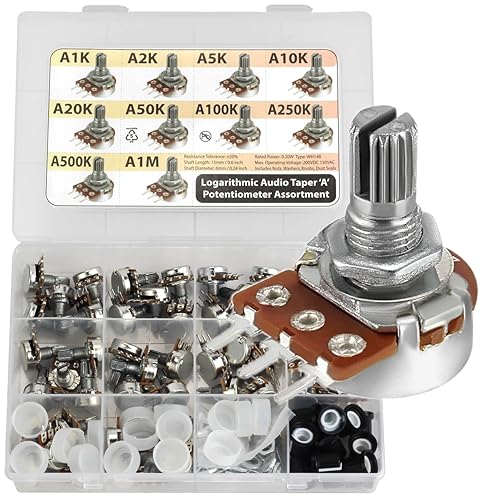 45 pcs Potentiometer Assortment 9 Values 1K, 2K, 5K 10K 20K 50K 100K 250K 500K 1M Horizontal Straight Legs Terminal A = logarithmic Audio Taper