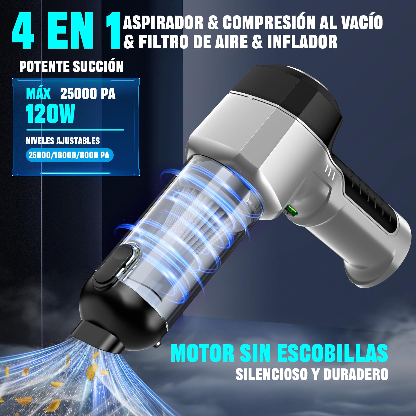 Aspiradora de mano con batería 4 en 1, fuerte aspiradora de coche, 25000 PA, 3 marchas, 220000 rpm, soplador de polvo eléctrico, aire comprimido para coche