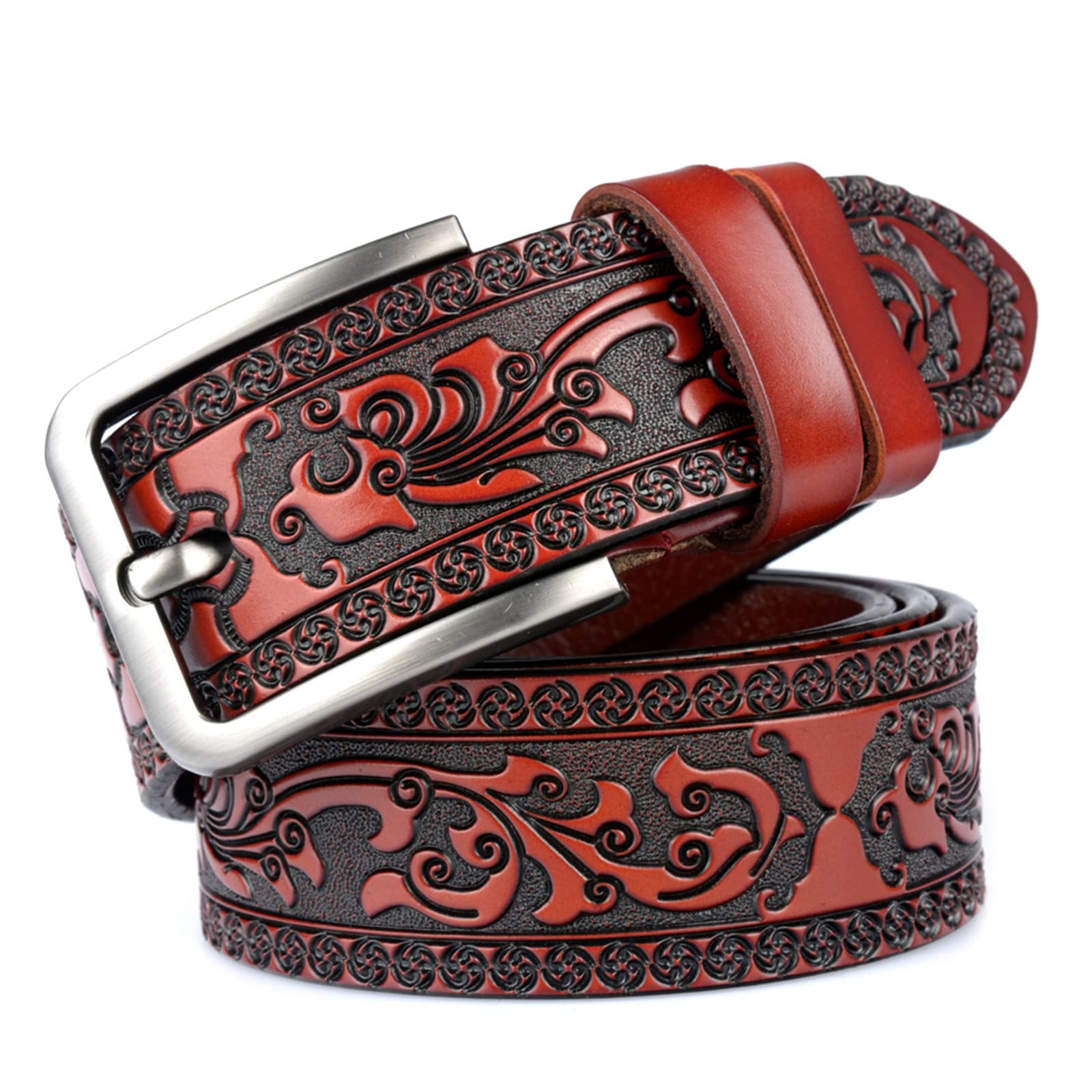 HYJTYA Men's Casual Genuine Leather Jeans Belts Vintage Leather Engraved Strap with Single Prong Buckle
