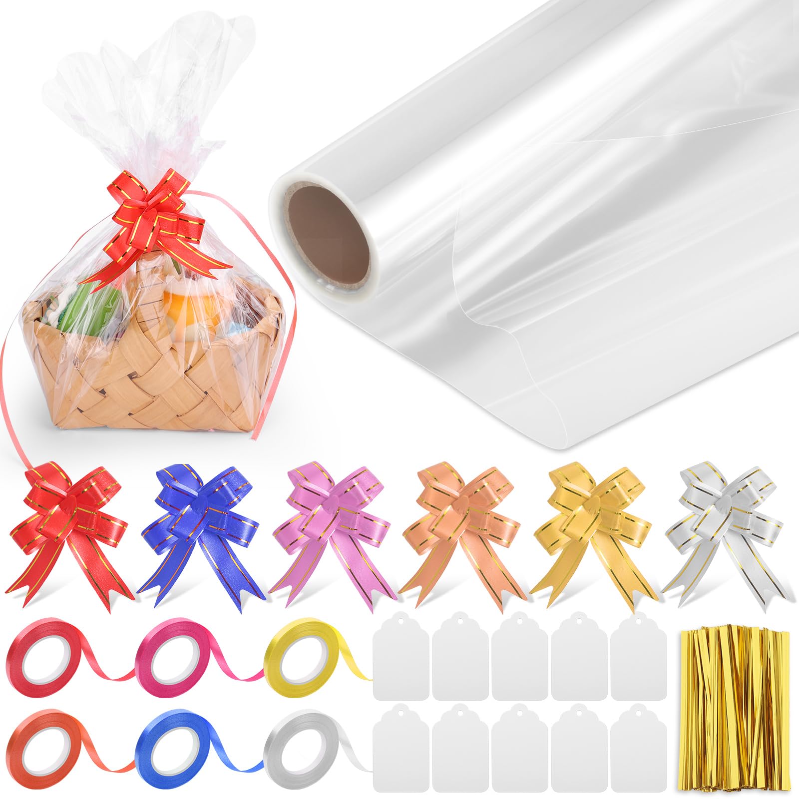 Thrilez Clear Cellophane Wrap Roll 30m*40cm Clear Cellophane Wrap for Hampers Cellophane Wrap Roll with 30 Pull Bows,100 Bag Twist Ties, 20 Blank Tags Cellophane Gift Wrap Roll for Flower, Hampe, Food