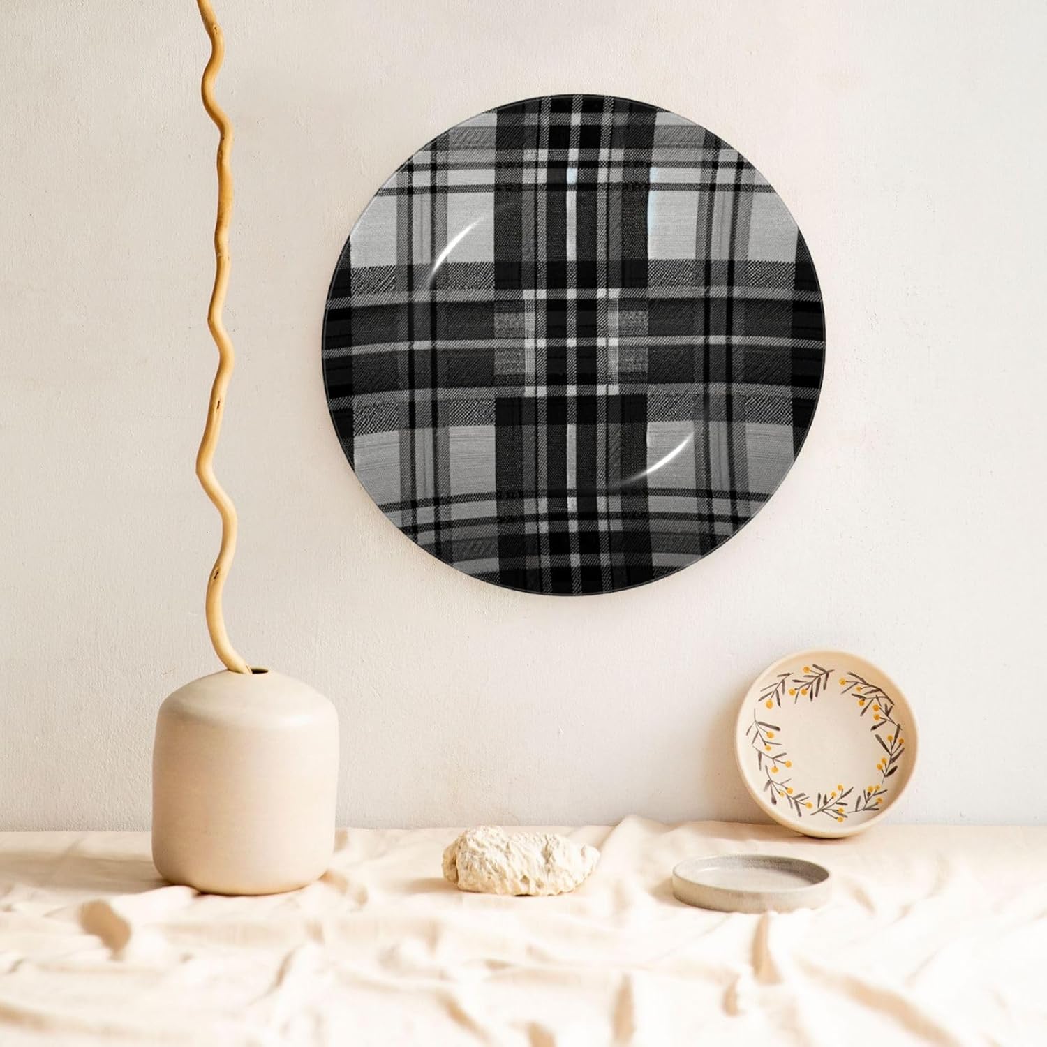 Grey-Black-Tartan 10 Inch Decorative Plate With Stand, Elegant Display Wall Plate For Home Decor