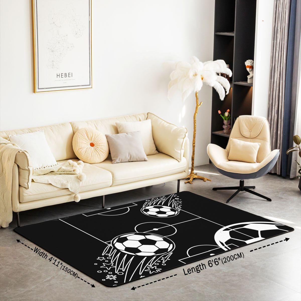 Homewish Dywaniki do piłki nożnej 100 x 150 cm do sypialni salonu - piłka nożna nowoczesny dywan podłogowy czarny sportowy estetyczny boisko do piłki nożnej duże dywany piłka sportowa miłośnicy piłki