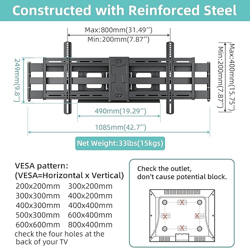 Miniatura 7 de HCMOUNTING Soporte giratorio para TV de movimiento completo, inclinación y extensión para TV grande de hasta 90 pulgadas, soporte de TV resistente