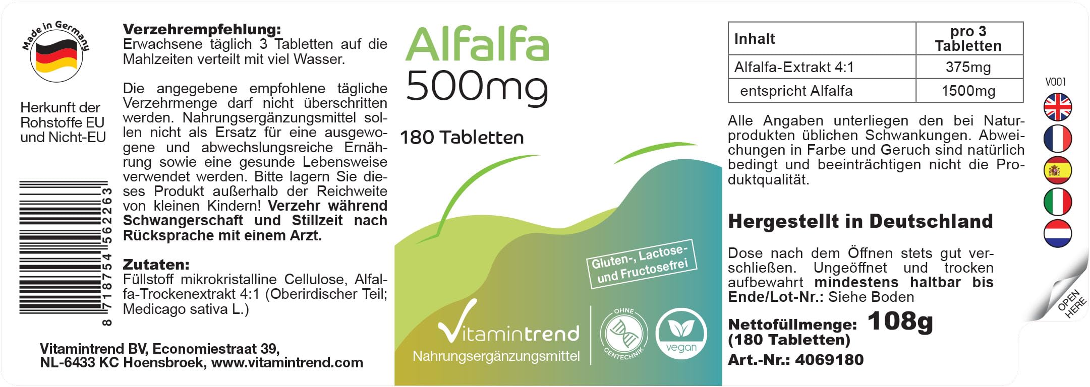 Vitamintrend Alfalfa 500 mg, 180 comprimés, extrait 4:1, complément alimentaire vegan sans stéarate de magnésium, fabriqué en Allemagne
