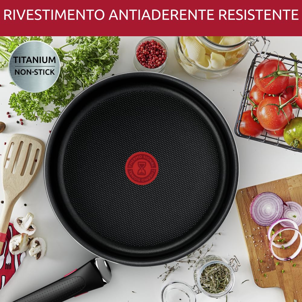 Lagostina Ingenio Essential Plus Padella Ø 28 cm, Padella Antiaderente in Alluminio per Gas e Forno, e anche in frigorifero, con Indicatore di Cottura Thermosignal, Utilizzabile con Manico Removibile