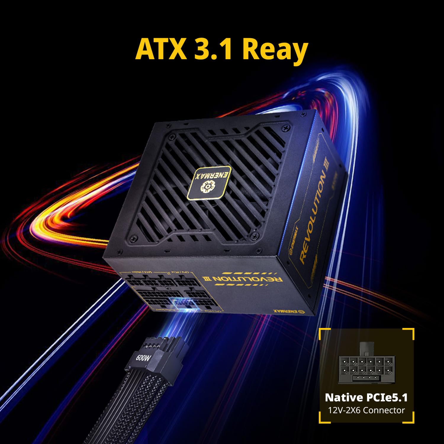 ENERMAX Revolution III 1000W PC Netzteil vollmodular 80+ Gold 5.1 12V-2x6 | PCIe 5.1, 80 PLUS Gold, 120mm FDB-Lüfter flüsterleise, 105°C japanische Kondensatoren, ERV1000G-AHG-MAC