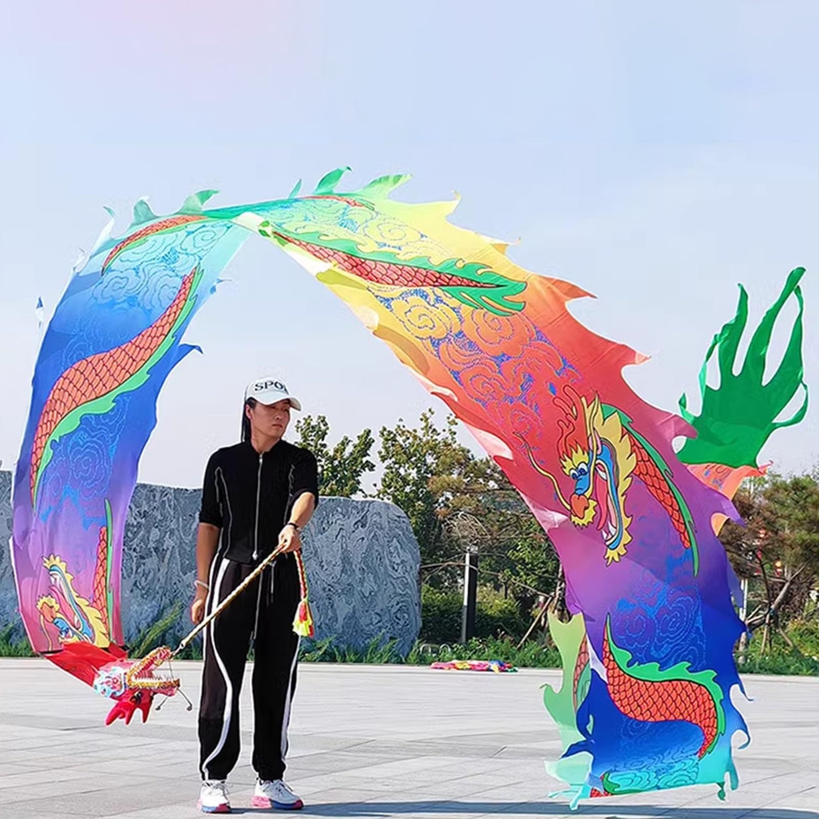 JAYWIS Dragon Poi Outdoor Exercise Dance Dragon Poi, Silk-like Dragon Ribbon Streamer with Dragon Head ＆Travel Bag, Dragon Flinging Ribbo for Fitness/Juggling (Color : Colorful, Size : 6 m (20 ft))