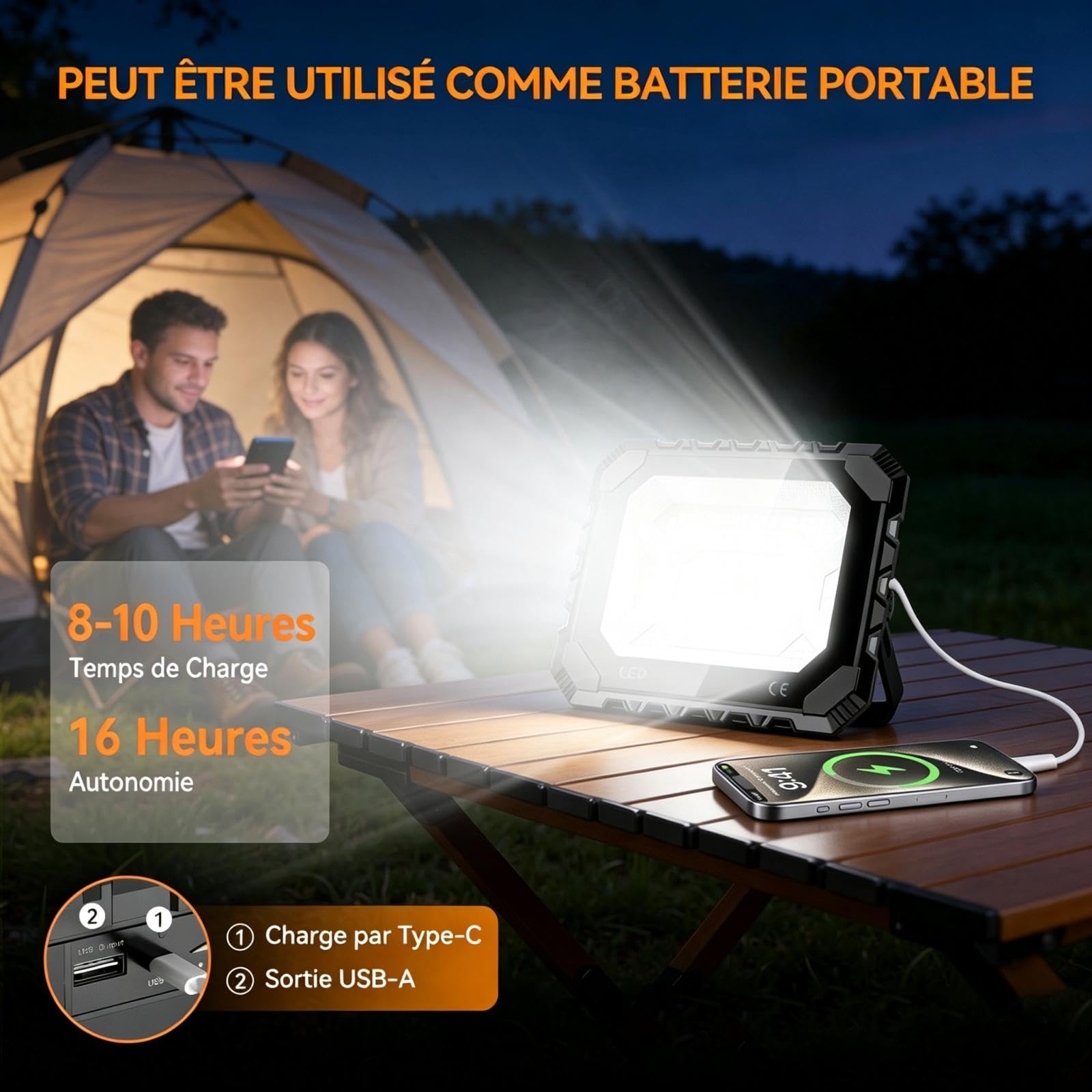 Adewalk Projecteur Chantier LED 150 W, 16000 lm Lampe de Travail Solaire & Batterie Rechargeable 16000 mAh, 5 Modes d'éclairage, Lampe de Camping Portable pour Travail, Pêche, Garage, Atelier