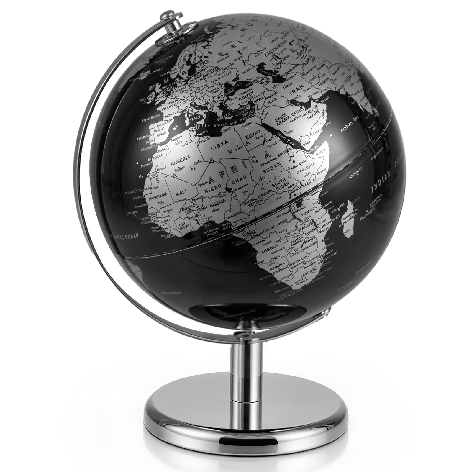 COSTWAY 20cm Globus - Englische Karte, 360° drehbar, Weltkugel mit Metallständer, pädagogisches/geographices Schülerglobus, Globus Deko, Erdkugel modern, für Zuhause, Büro & Schule (Silber)