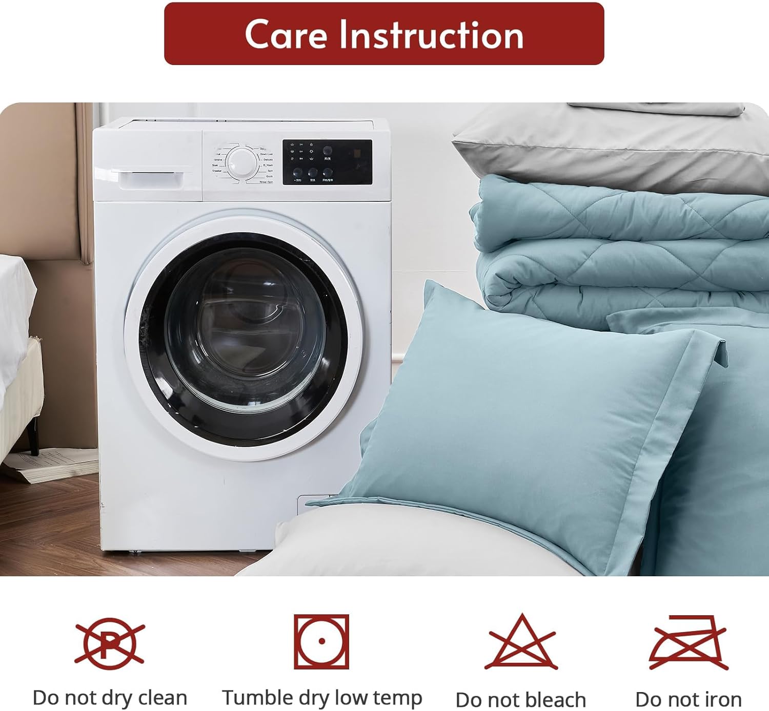 MUXHOMO 7 Pieces Queen Comforter Set, Reversible Bed in a Bag Queen Size, All Season Bedding Set with Comforter, Flat Sheet, Fitted Sheet, Pillowcases & Shams, Greyish Blue & Light Grey - Image 9