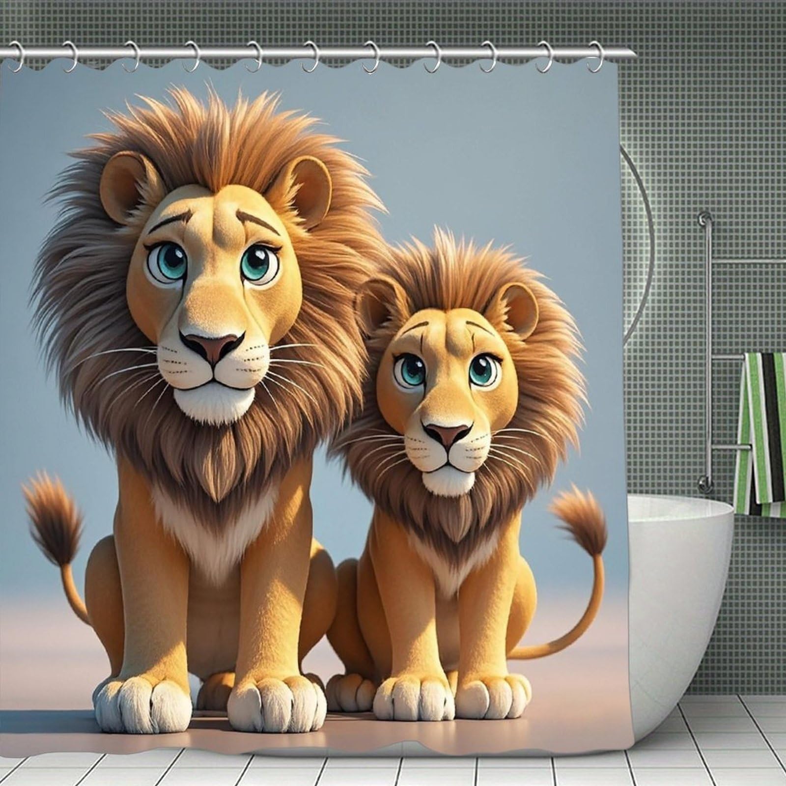 FekiLoot Two Lions Shower Curtain Minimalist Thick Bathroom Curtain Washable Modern Bathroom Shower Curtain Heavy Duty Waterproof Cloth Bath Curtain with Hooks 70.8"x70.8"