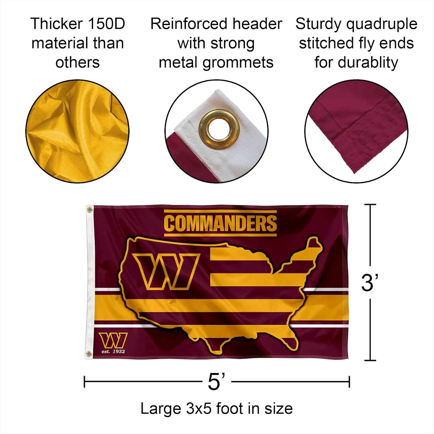 WinCraft Washington Commanders Nation USA American Country Large Pole Flag - Image 2