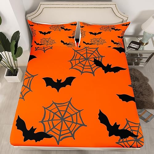 Miniatura 6 de Juego de ropa de cama con diseño de murciélagos para decoración de Halloween, diseño de luna, calabaza, gótico, caricatura, diseño de murciélagos,
