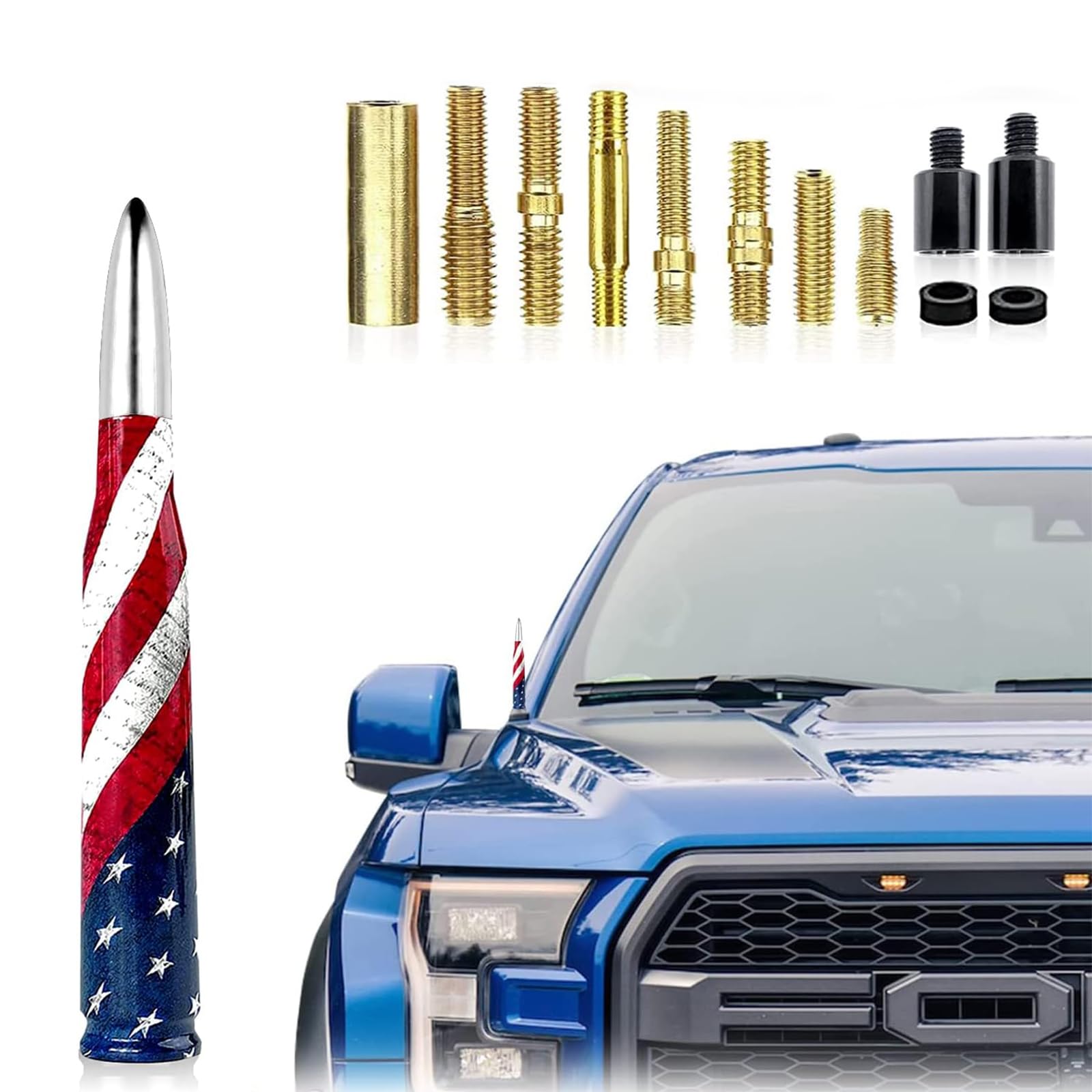 1 PC Car Radio Antenna, 5.51" x 1.96" American Flag Print Bullet Antenna, Thread Mount Antenna, for Chevrolet F150/F250/F350, Dodge Ram 1500/2500/3500 (Silver)