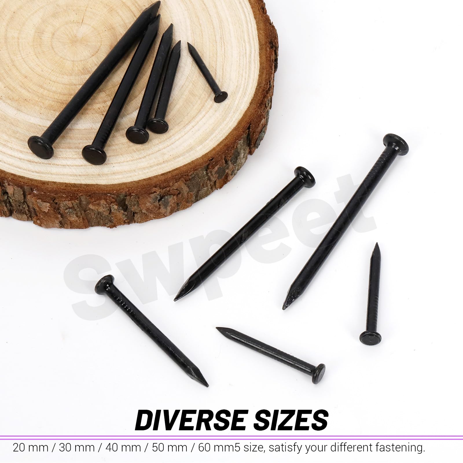 Swpeet Set di 150 chiodi neri per hardware da 2", chiodi in acciaio, chiodi zincati da 3,3 x 50 mm, piccoli chiodi, chiodi da parete, chiodi in legno, chiodi per calcestruzzo