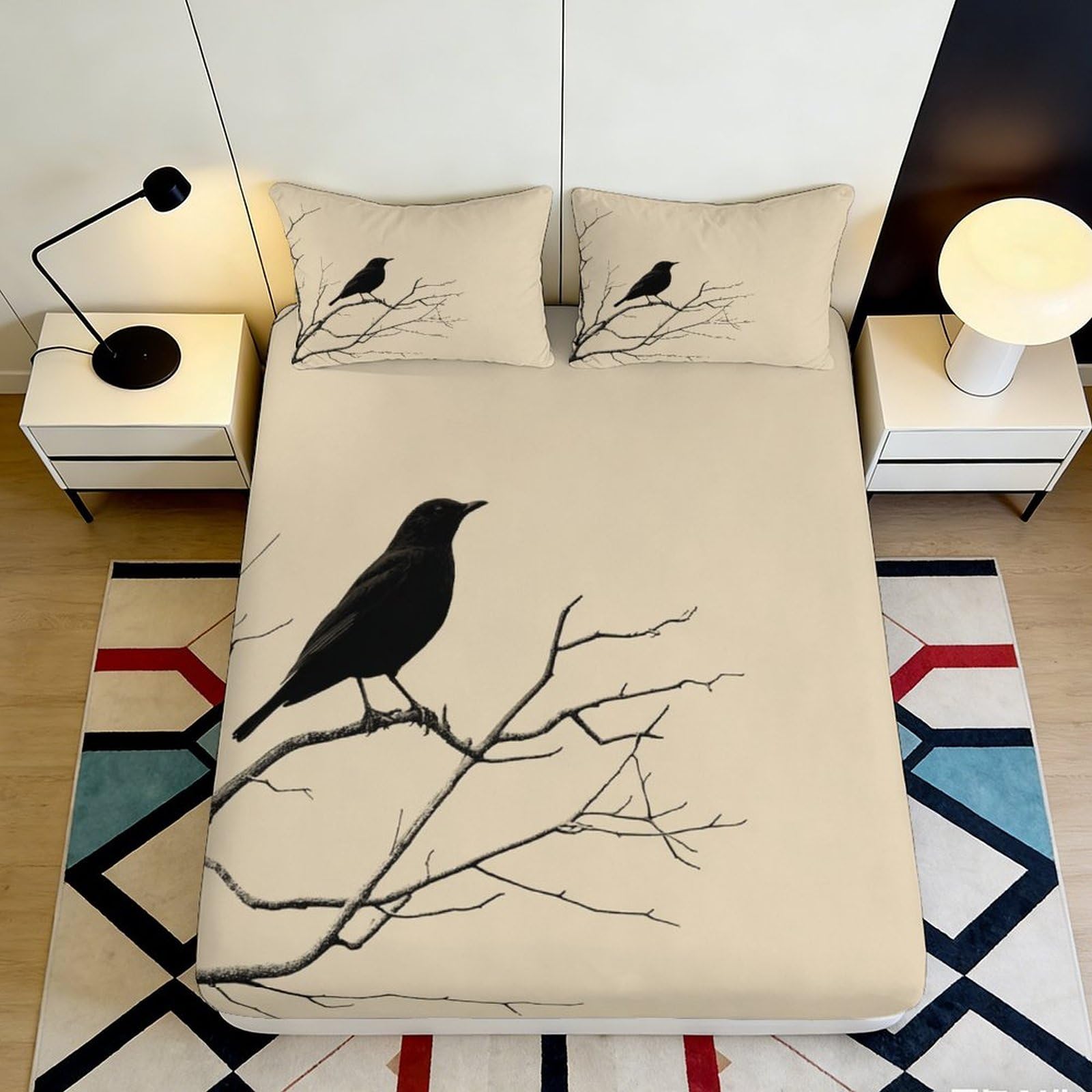 Jqzkxnhpbr Style-9 3D Printed Black Bird Branch Fitted Sheet Microfiber Soft Bedroom Decor Bed Cover For Home Guest Room Dorm 90X200x25cm