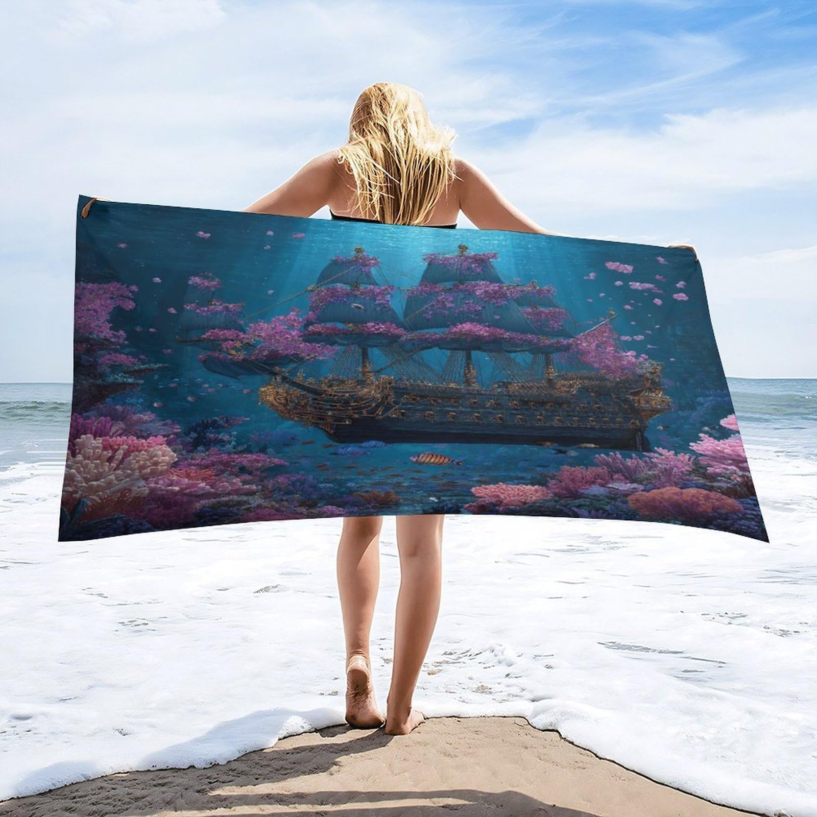 Luyysky Retro Abstract Pirate Ship Quick-Drying Beach Towel, Vintage Nautical Ocean Underwater Sea Animal Fish Coral Travel Vacation Single Sided Pile Bathroom Towels-80 W Cm X 160" L Cm