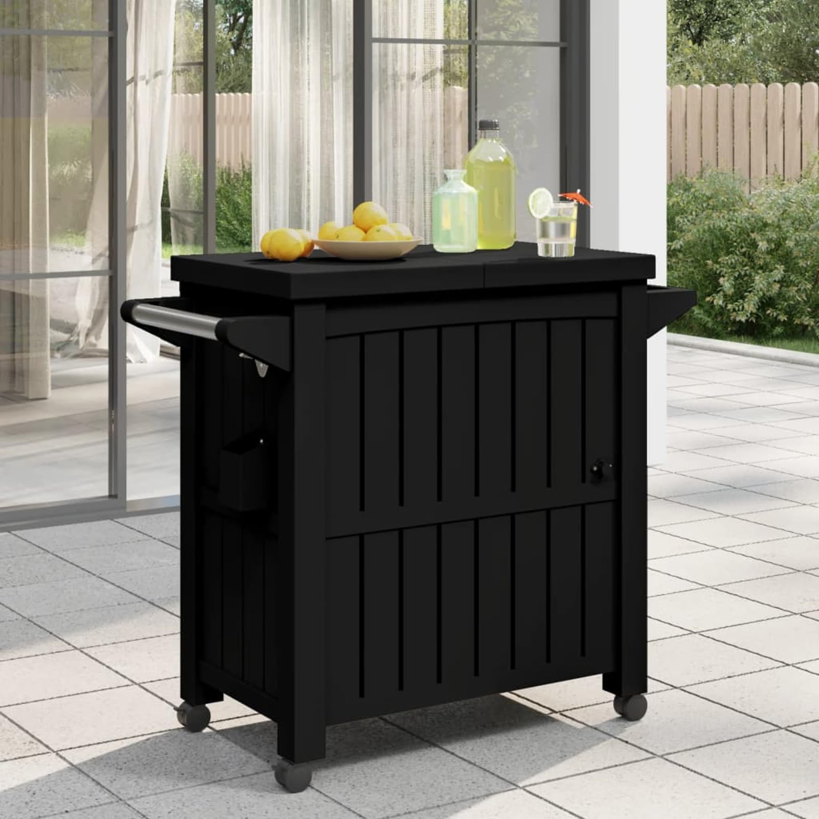 Geecher Carrello di Servizio 3 in 1 con Secchiello per Ghiaccio 80 L, Mobile da Esterno con Ruote Bloccabili, Tavolo di Preparazione e Conservazione, Polipropilene Nero, 102x46x86,5 cm for Eventi all'