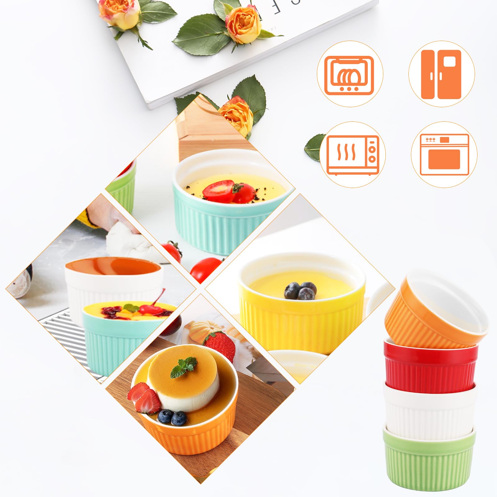 Souffle - Juego de 12 moldes para horno (200 ml, cerámica para hornear y servir, mini moldes de porcelana multicolor para postres, magdalenas, pasteles)