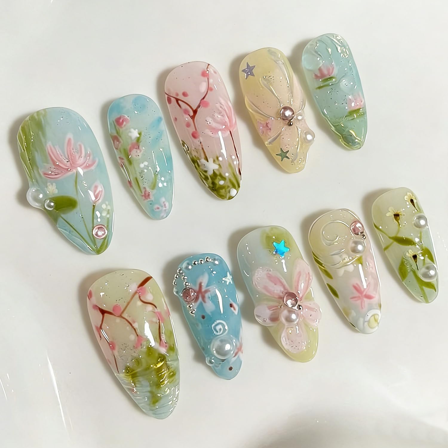 Spring Flower Press on Nails Medium Almond, 30PCS Lotus Floral Fake Nails with Pearl Rhinestones, Handmade Pink Blue Full Cover Acrylic False Nails Reusable Stick on Nails for Women