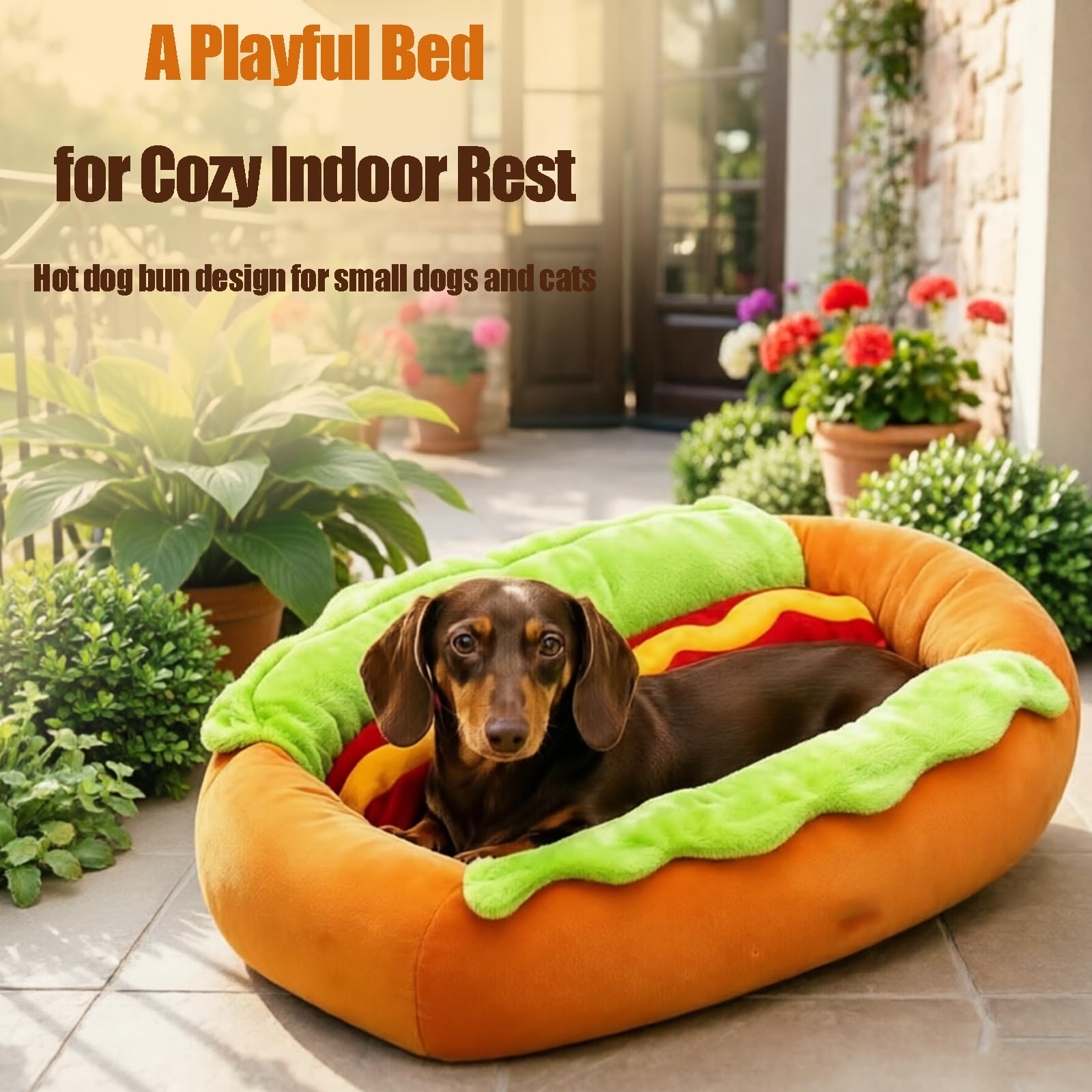 Genérico Cama para Perros «Hot Dog», con Un Divertido Diseño En Forma De Panecillo De Perrito Caliente, Sofá-Nido para Mascotas De Interior Fabricado En Microgamuza Y Pana Suave (1 Unidad L)