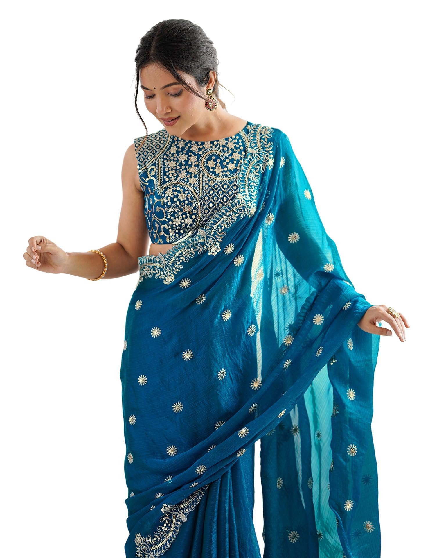 satrani Women's Shimmer Chiffon Dual Tone Scalloped Border Sequins Embroidery Saree with Unstitched Blouse Piece-picture-34