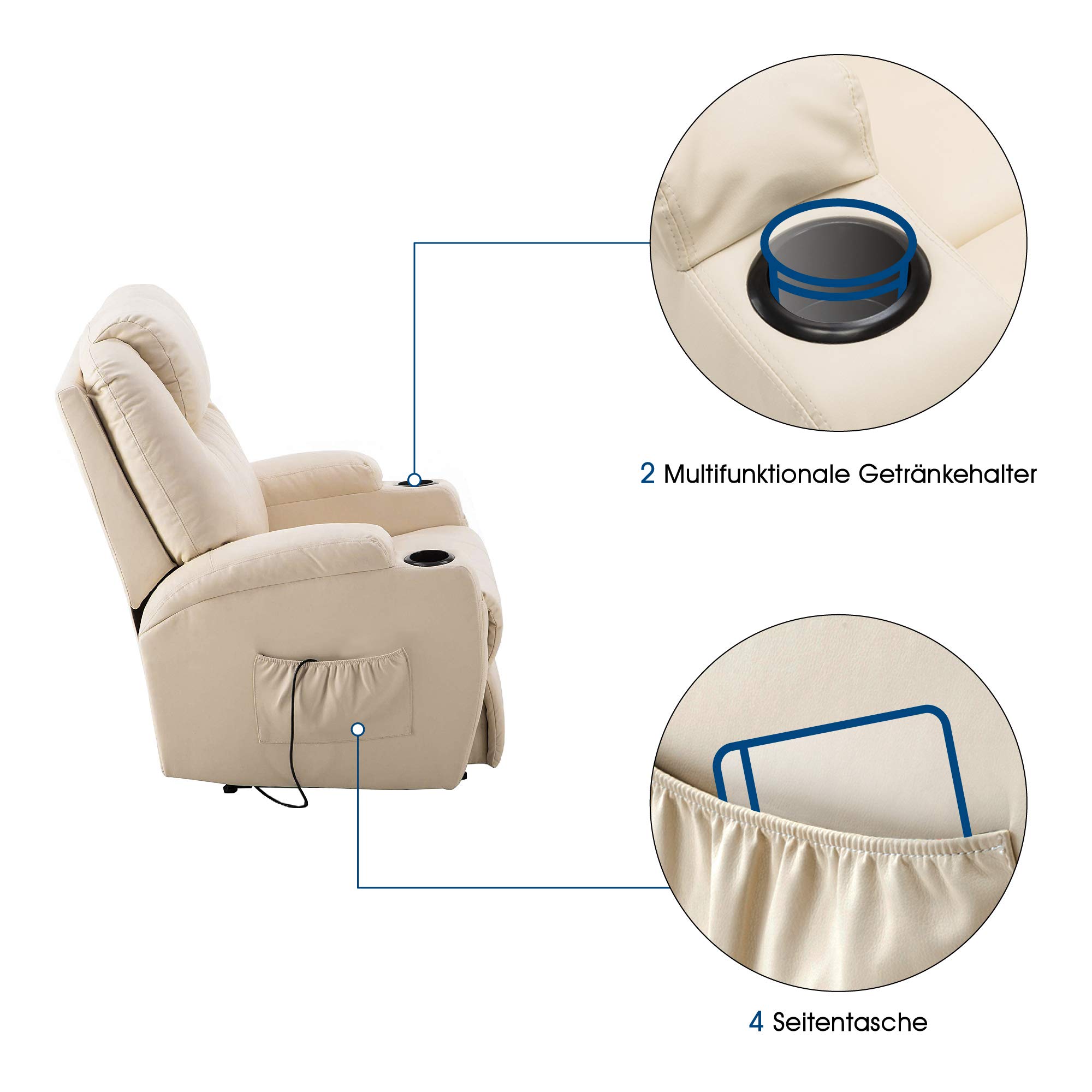 MCombo Elektrisch Massagesessel Relaxsessel Fernsehsessel Liegefunktion Vibration Heizung (Cremeweiß)