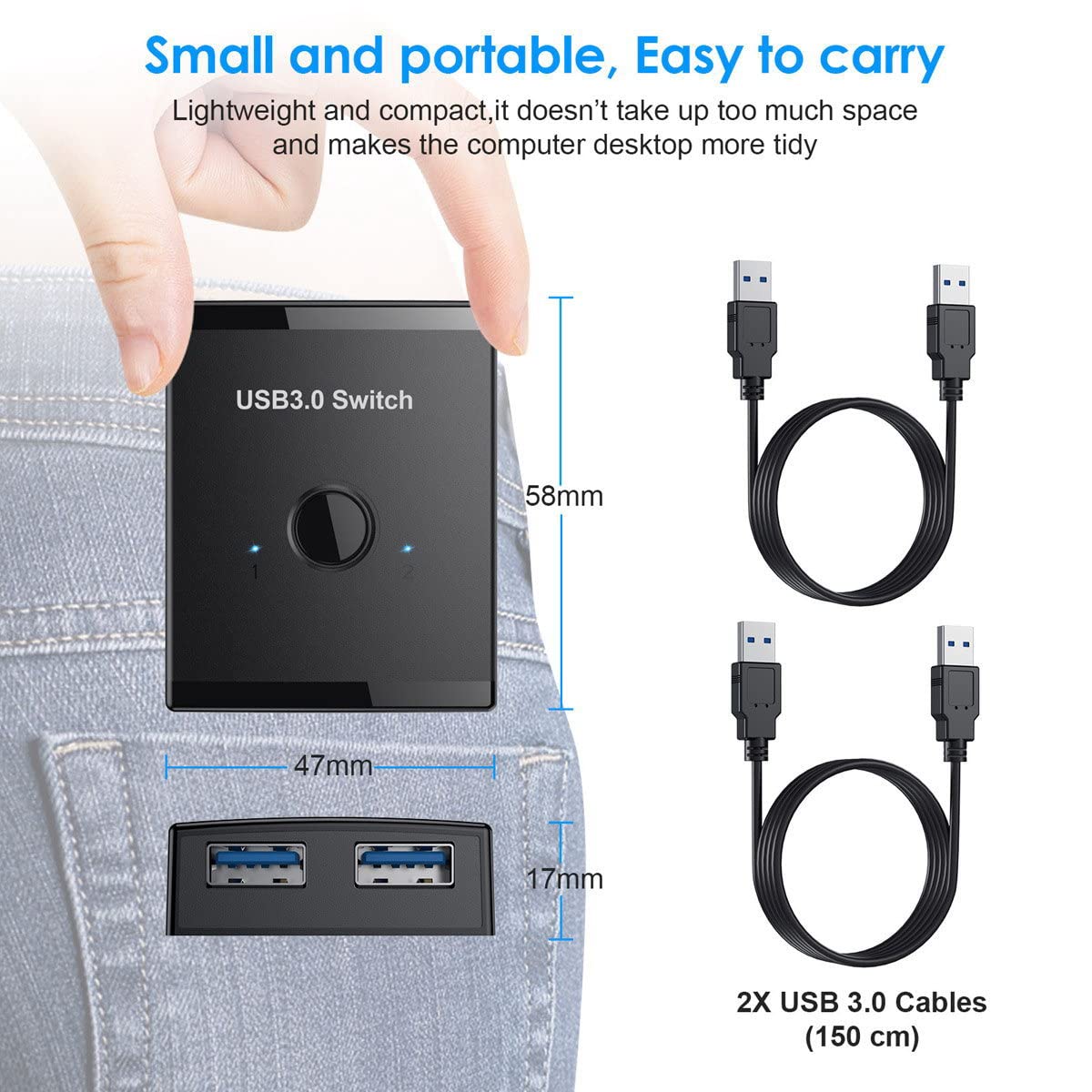 Xiwai Selettore di commutazione bidirezionale USB 3.0 KVM da 2 a 1 PC di condivisione o da 1 a 2 Hub per tastiera Mouse Scanner Stampante
