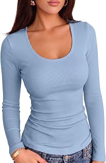 Summer Women's Scoop Neck Short Sleeve Shirts Ribbed Slim Fitted Casual Basic Top Blouses deal from Amazon