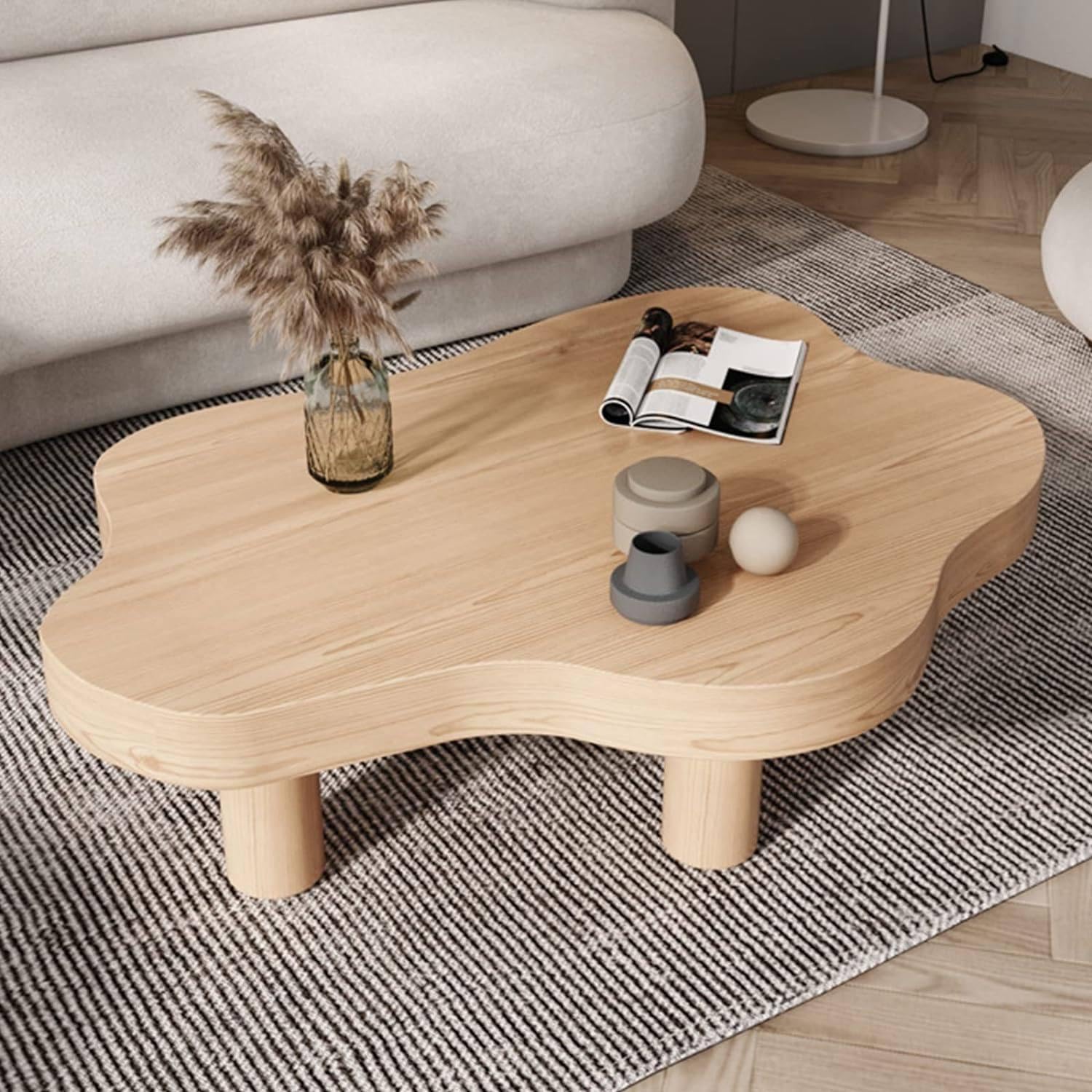 SXZenSpace Cloud Shaped Coffee Table, Solid Wood Living Room Sofa Small Side Table/Bedroom Wooden Table,Natural-60x35x40cm