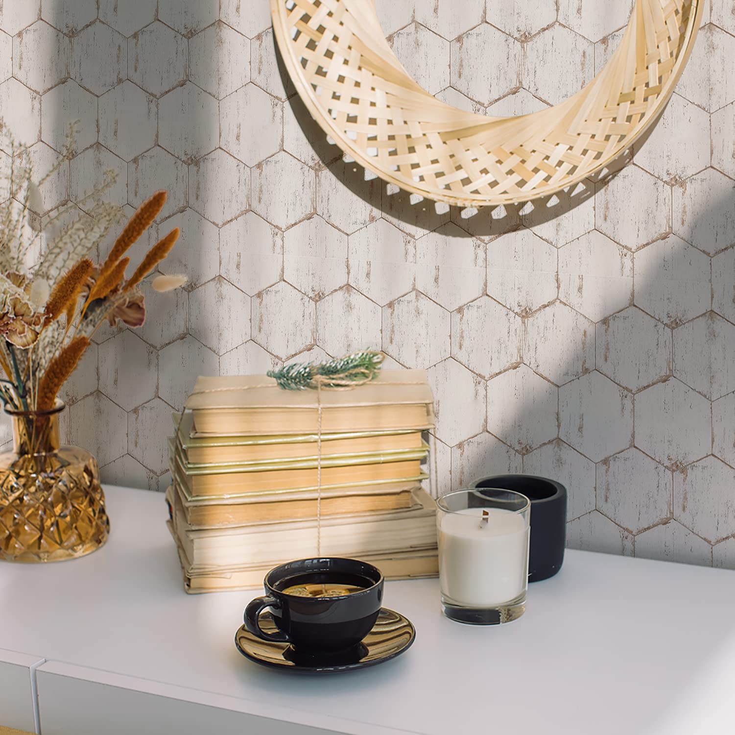 Alwayspon Vinyl Floor Wall Tile Sticker, Non-Slip Sticky Back Tile Decals for Kitchen Bathroom Self-Adhesive Peel and Stick PVC Floor Sticker DIY, Scandi Hex Wood, 30cmX15cmX4Pcs Set