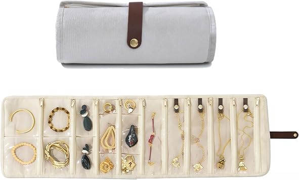 Portable Jewelry Roll Bag, Foldable Travel Jewelry Organizer Case with Zippered Pockets, Jewelry Storage Bag, Roll Up Jewelry Organizer Bag for Journey Rings, Necklaces, Earrings, BraceletsLightgray
