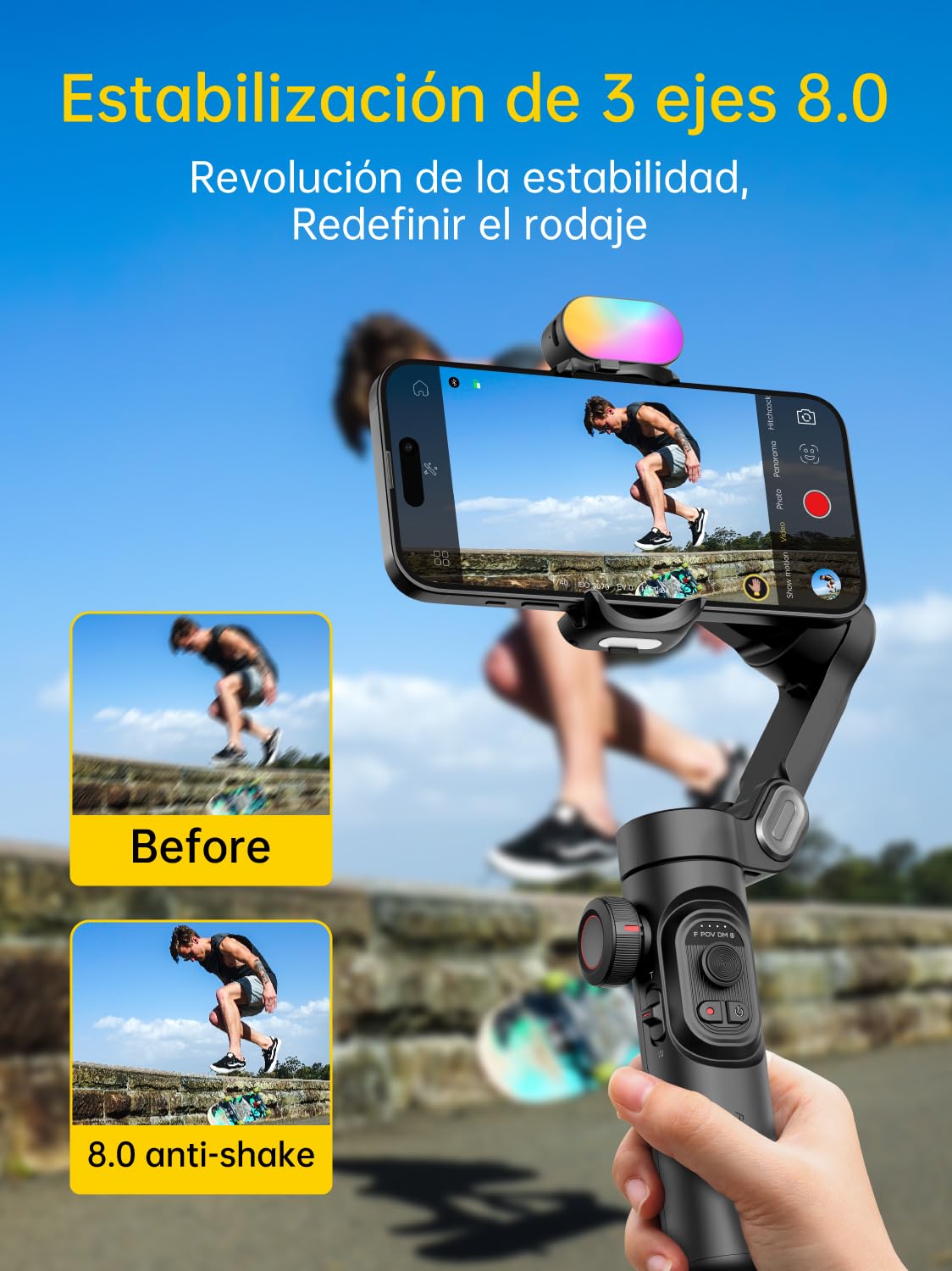 AOCHUAN Estabilizador de cardán de 3 Ejes para Smartphone con luz de Relleno magnético RGB, Rueda de Enfoque de Seguimiento Facial Mejorada, cardán Plegable para iPhone y Android, estabilizador de