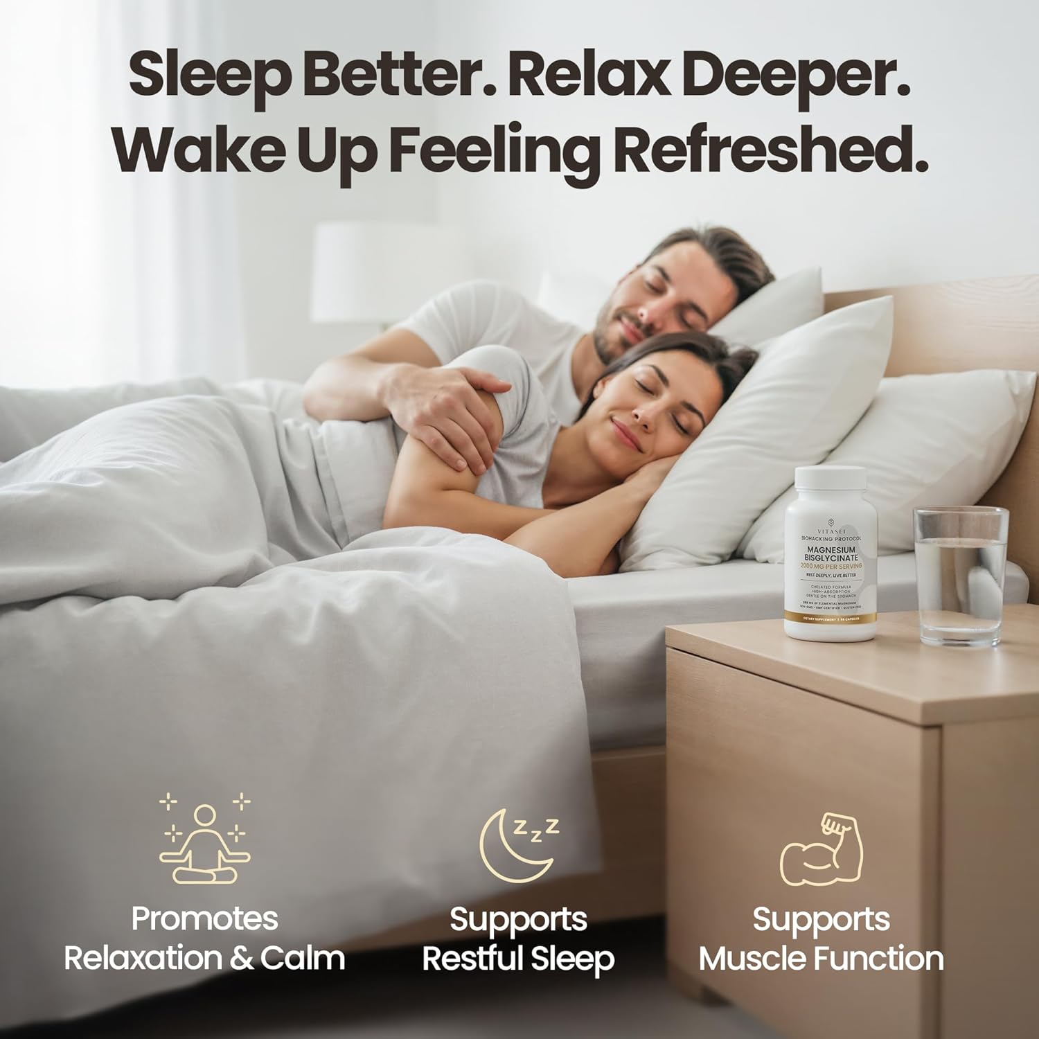 Vitasei Magnesium Bisglycinate – High Absorption Chelated Formula – 2000 mg per Serving (288 mg Elemental Magnesium) for Relaxation, Sleep & Muscle Recovery – Gentle on Stomach – 90 Capsules