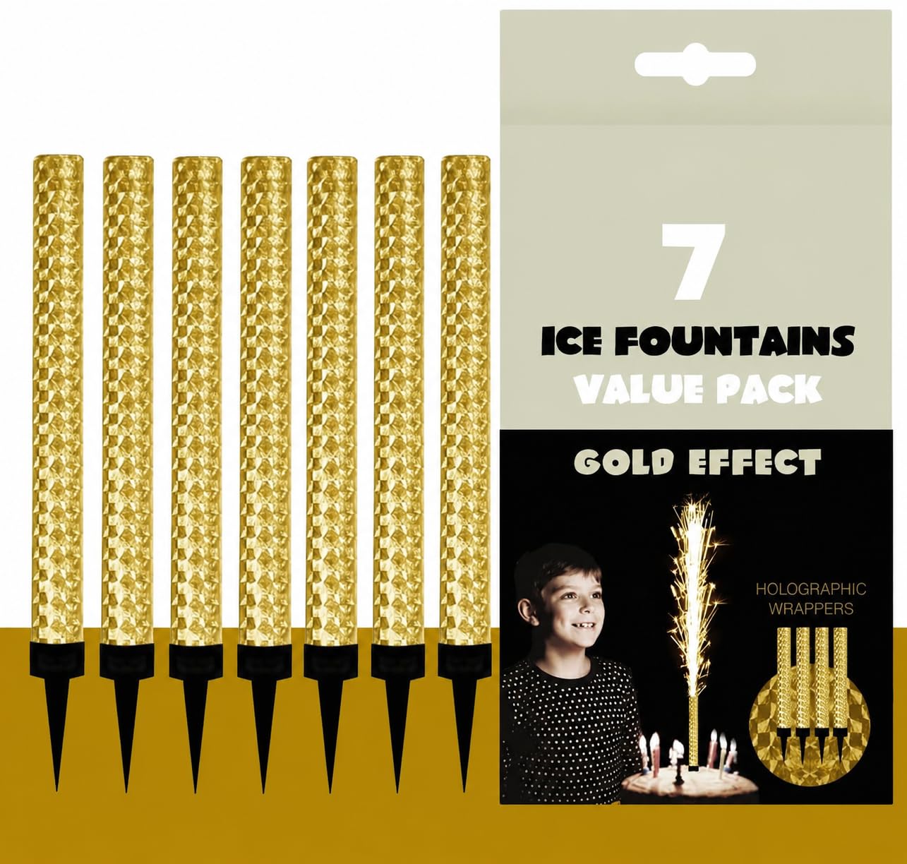 CRSTAL25 Gold Sparkling Fountain Candles in Pack of 7 | Low-Smoke, Bright Sparkle & Long-Lasting Effect | Great for Birthdays, Anniversaries, Weddings & Parties