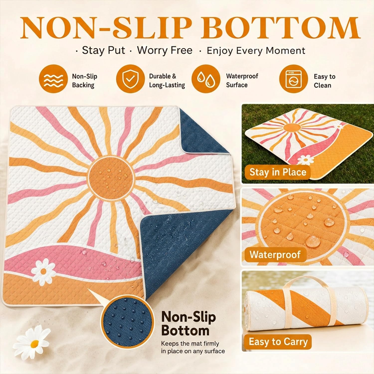 Sunflower Tapis et Couverture de Pique-Nique 200x200cm Grand Imperméable Anti-Sable – Natte de Plage Lavable, Pliable et Portable pour Camping, Parc, BBQ, Voyage – Nappe de Sol pour Extérieur