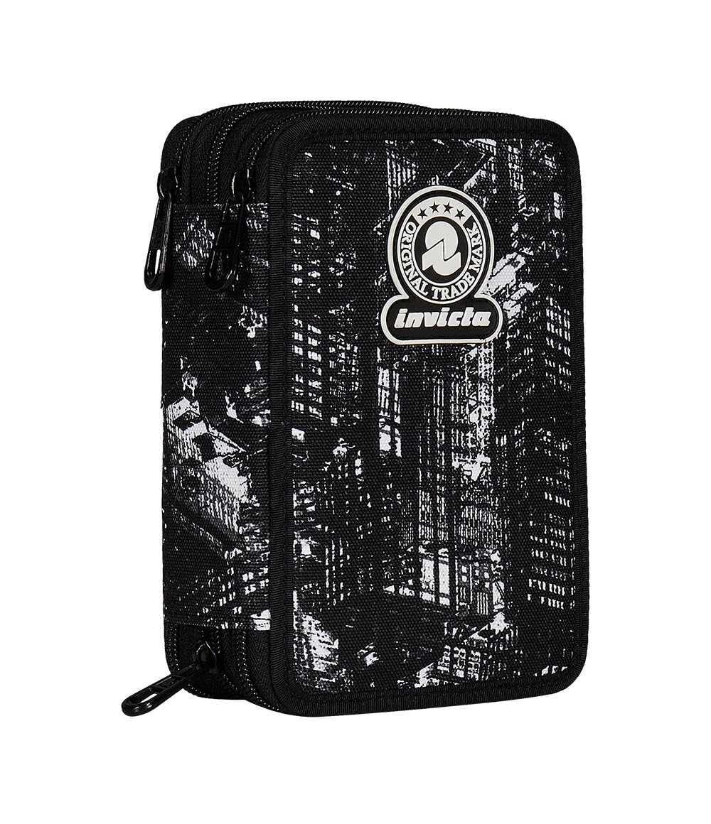 Invicta Trousse Scolaire 3 Zip Fantasy, Noir, Triple Compartiment Complet avec stylos, Crayons et marqueurs, Accessoires Scolaires, Accessoires Sac à Dos, école Primaire, Enfant, Noir, Scolaire