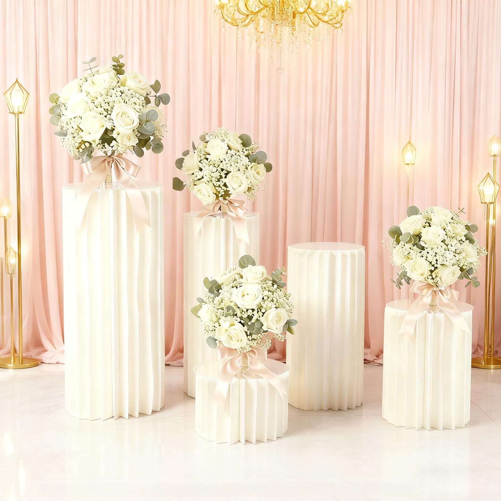 Faltbare Pappensäulen 5er-Set mit PVC-Platten, Höhe 20/40/60/80/100cm, 20-fach gefaltet, 42 Blätter, cremeweiß, Dekosäulen für Hochzeiten, Partys, leicht aufzubauen, stabil und wiederverwendbar