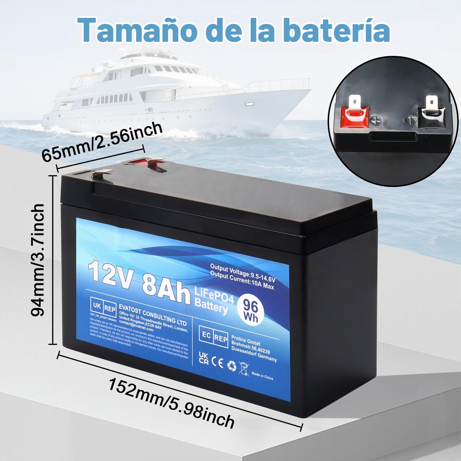 12V 8Ah 96Wh LiFePO4 Batería de Litio Recargable, Ciclo Profundo 2000 Veces con protección BMS, batería LiFePO4 para Botes de Motor, Camping, Scooters, UPS, turbina eólica, Solar, inversores