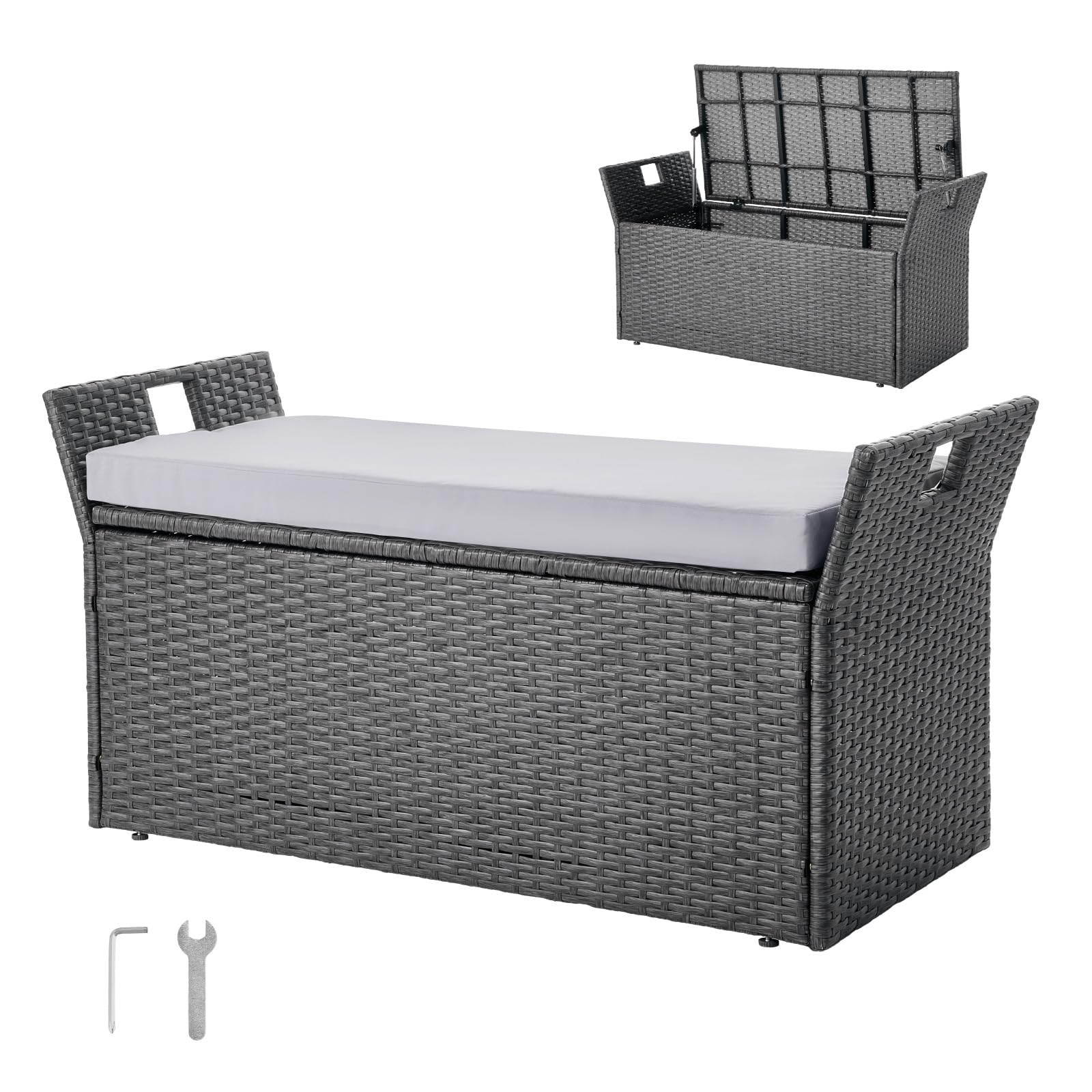 VEVOR Panca Portaoggetti da Esterno, Panca Portaoggetti in Rattan PE per 2 Persone, Contenitore Intrecciato con Cuscino Maniglia Laterale, Supporto Max 180kg, Seduta da Giardino Decorazione Balcone