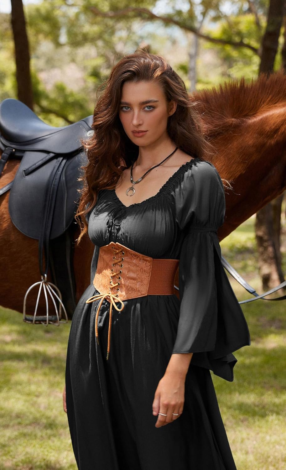 Scarlet Darkness Renaissance Dress for Women Medieval Peasant Dress Long Bell Sleeve Dresses - Image 4