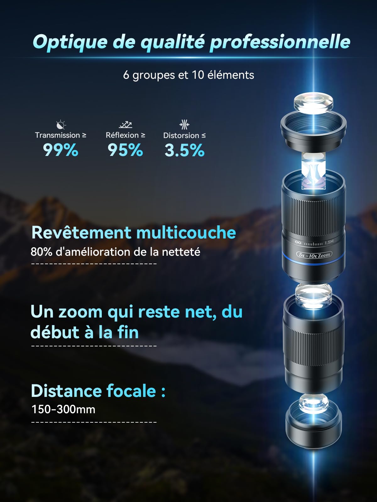 APEXEL TeleZoom 5-10X, objectif zoom téléobjectif 5-10x 150-300 mm, clip universel pour téléphones portables, optique multicouche, compatible avec iPhone Samsung Huawei