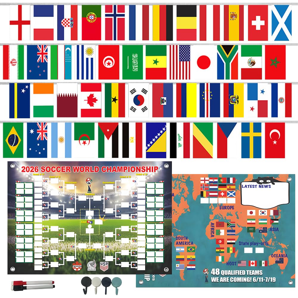 JOAASU World Cup Wall Chart 2026 and 48-team Flag Bunting Set, 60 x 42 cm Football Match Schedule Poster with 14.5 m Fabric Banner for Home, Bar, Office, Party Decorations
