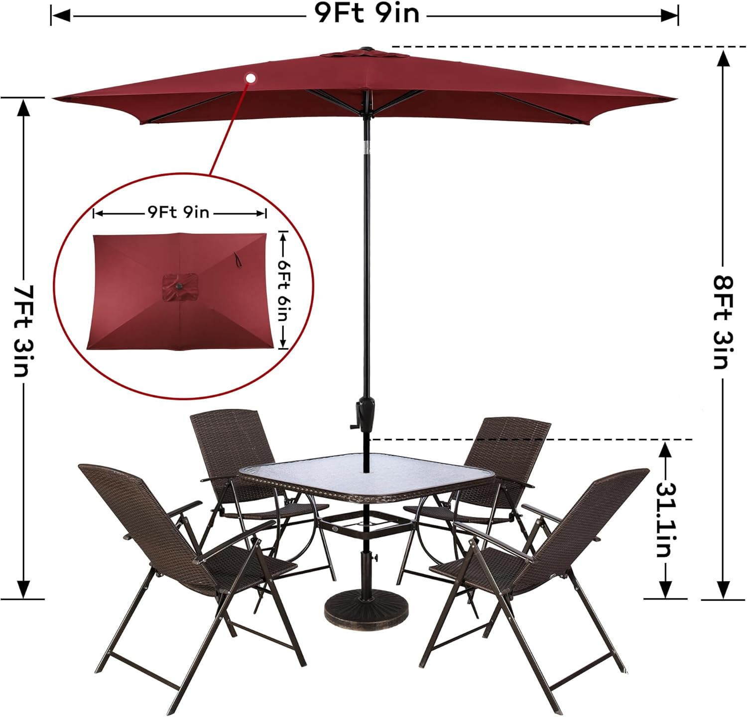 Sun-Ray Rectangular Patio Umbrella with Push-Button Tilt and Hand Crank Canopy Lift